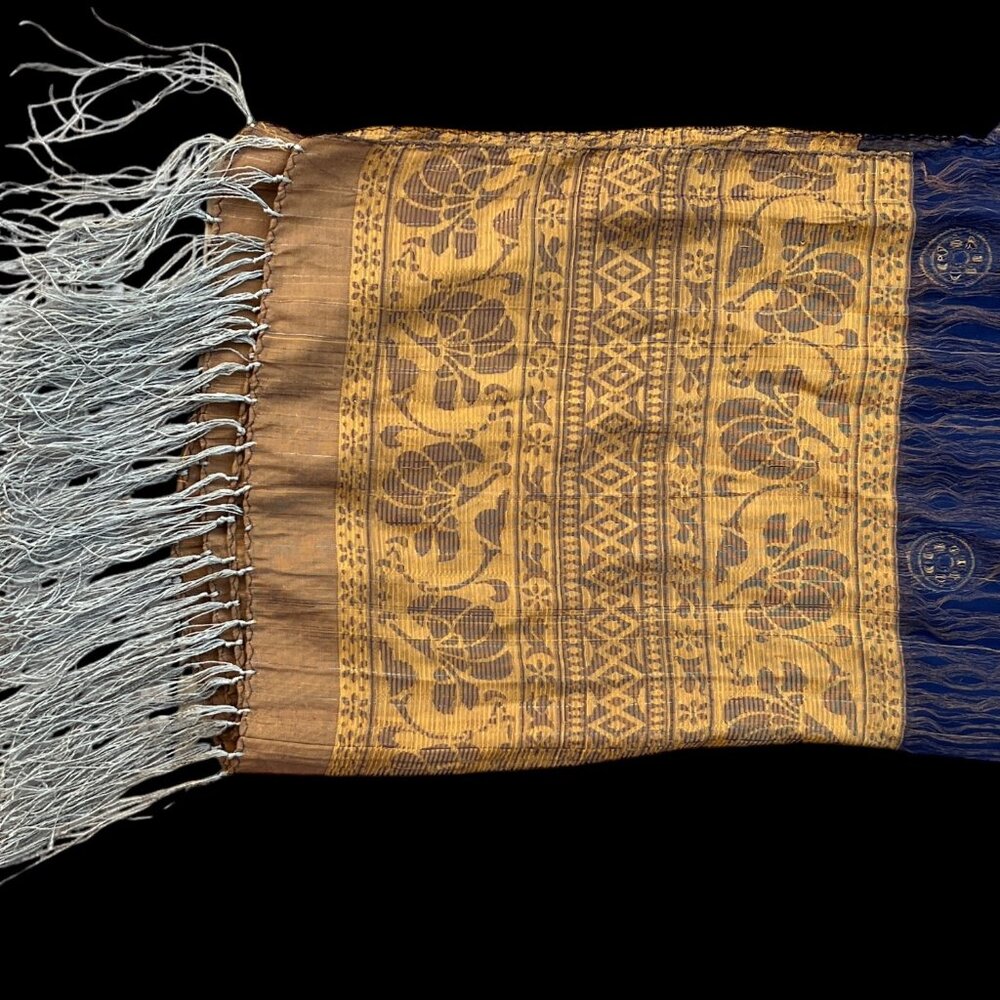 Vintage Handwoven Sari Scarf With Gold & Navy Blue Patterns & Tassels - Picture 5 of 5